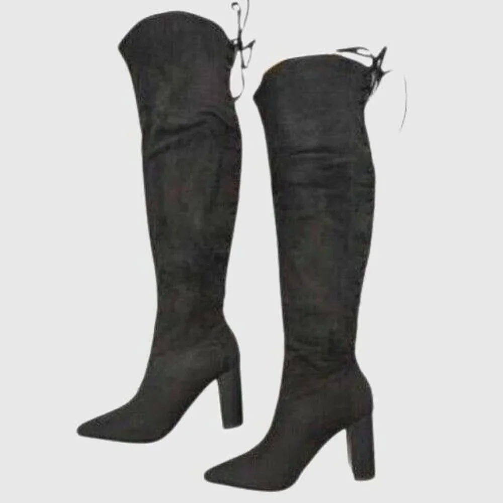 Black Over-The-Knee Suede Boots Women Size 5.5 Lace-Up Fashion 3.5 In Heels NEW